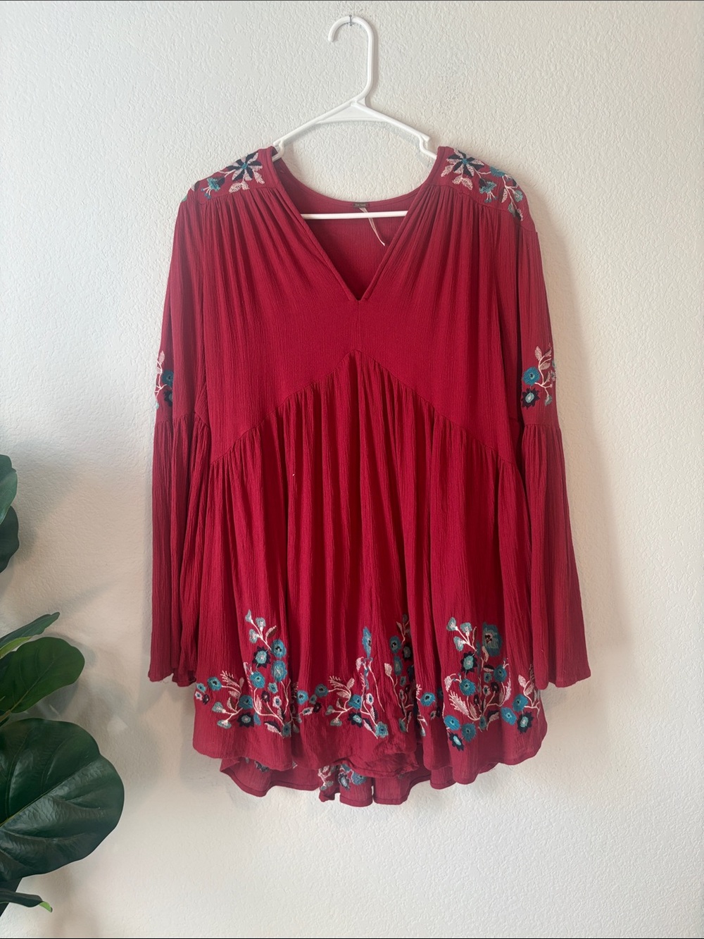 Free People Te Amo Embroidered Boho Mini Dress Red Ruby XS